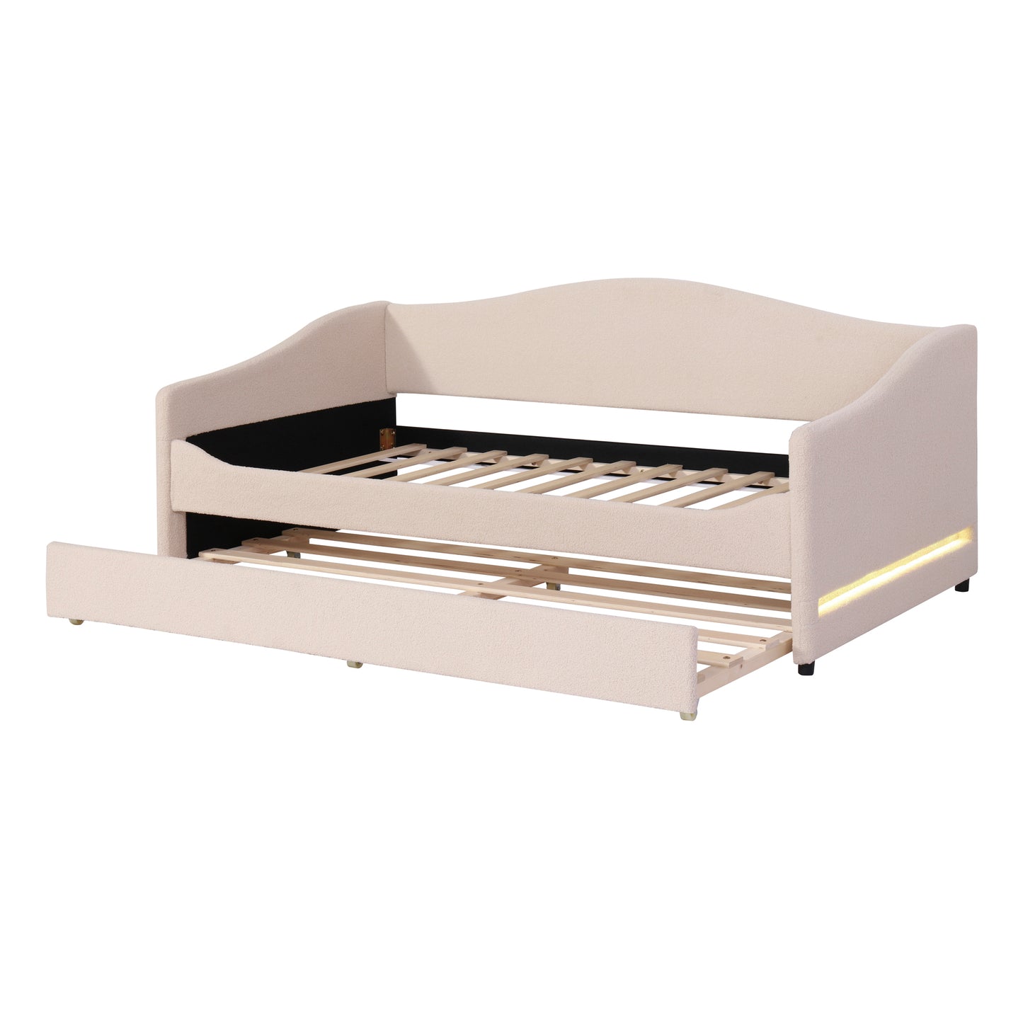 Teddy Fleece Twin Size Upholstered Daybed with Light and Trundle, Beige image 7