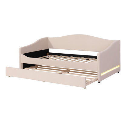 Teddy Fleece Twin Size Upholstered Daybed with Light and Trundle, Beige image 7