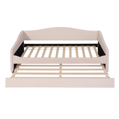 Teddy Fleece Twin Size Upholstered Daybed with Light and Trundle, Beige image 4