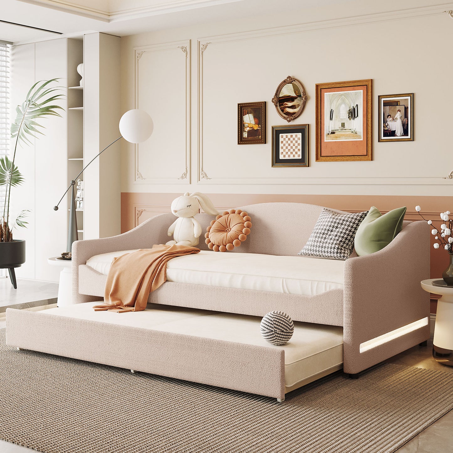 Teddy Fleece Twin Size Upholstered Daybed with Light and Trundle, Beige image 1