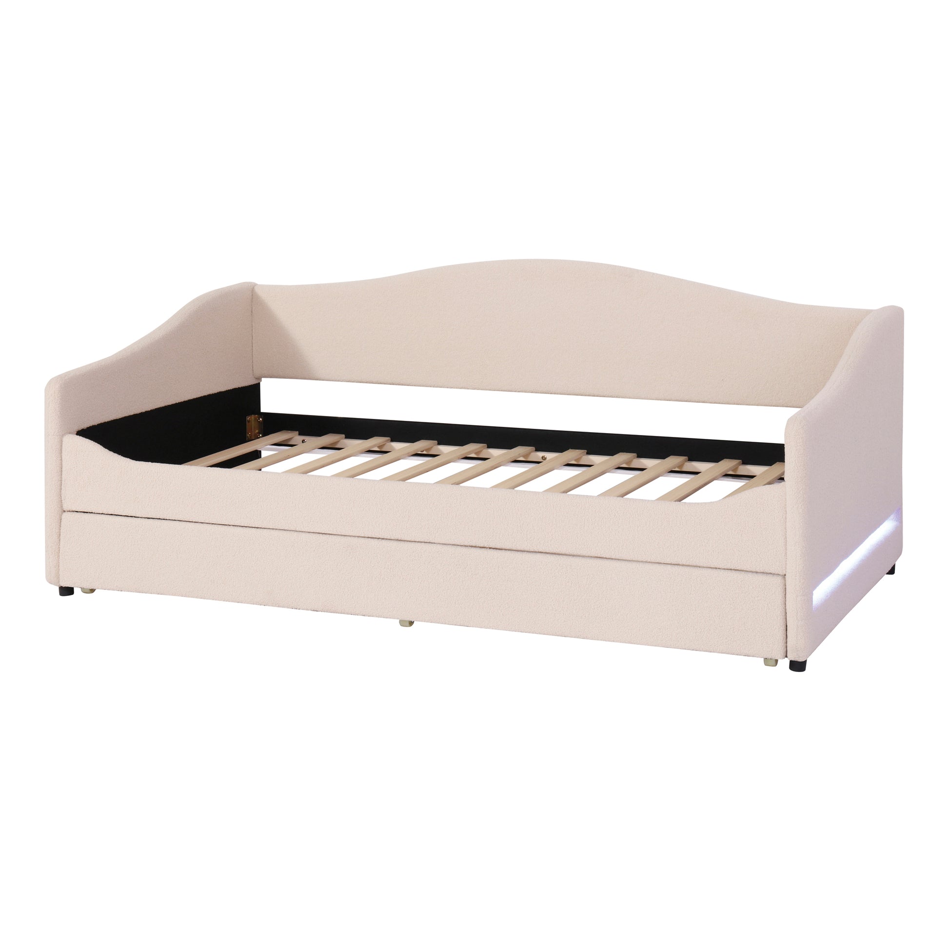 Teddy Fleece Twin Size Upholstered Daybed with Light and Trundle, Beige image 6