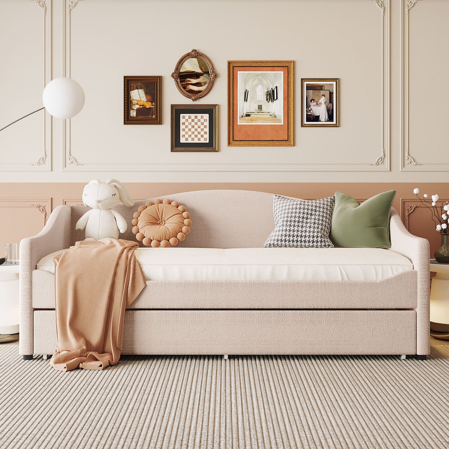 Teddy Fleece Twin Size Upholstered Daybed with Light and Trundle, Beige image 3
