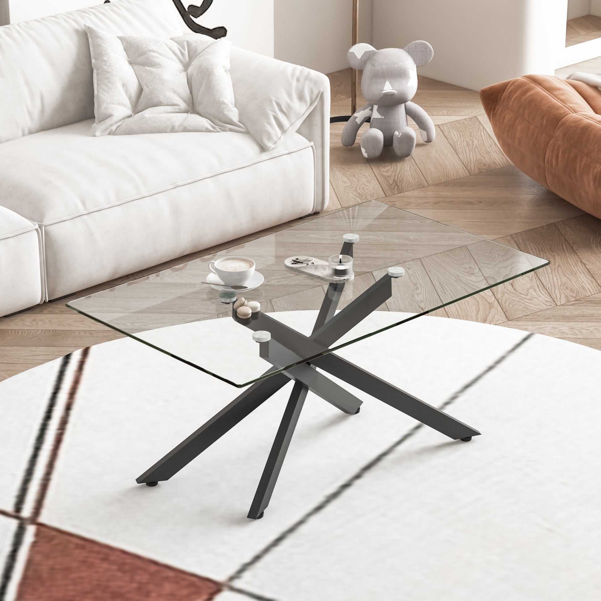 39.37" Rectangular Clear Tempered Glass Coffee Table,Stylish Design with Black Metal Legs, Coffee Table for Living Room image 3