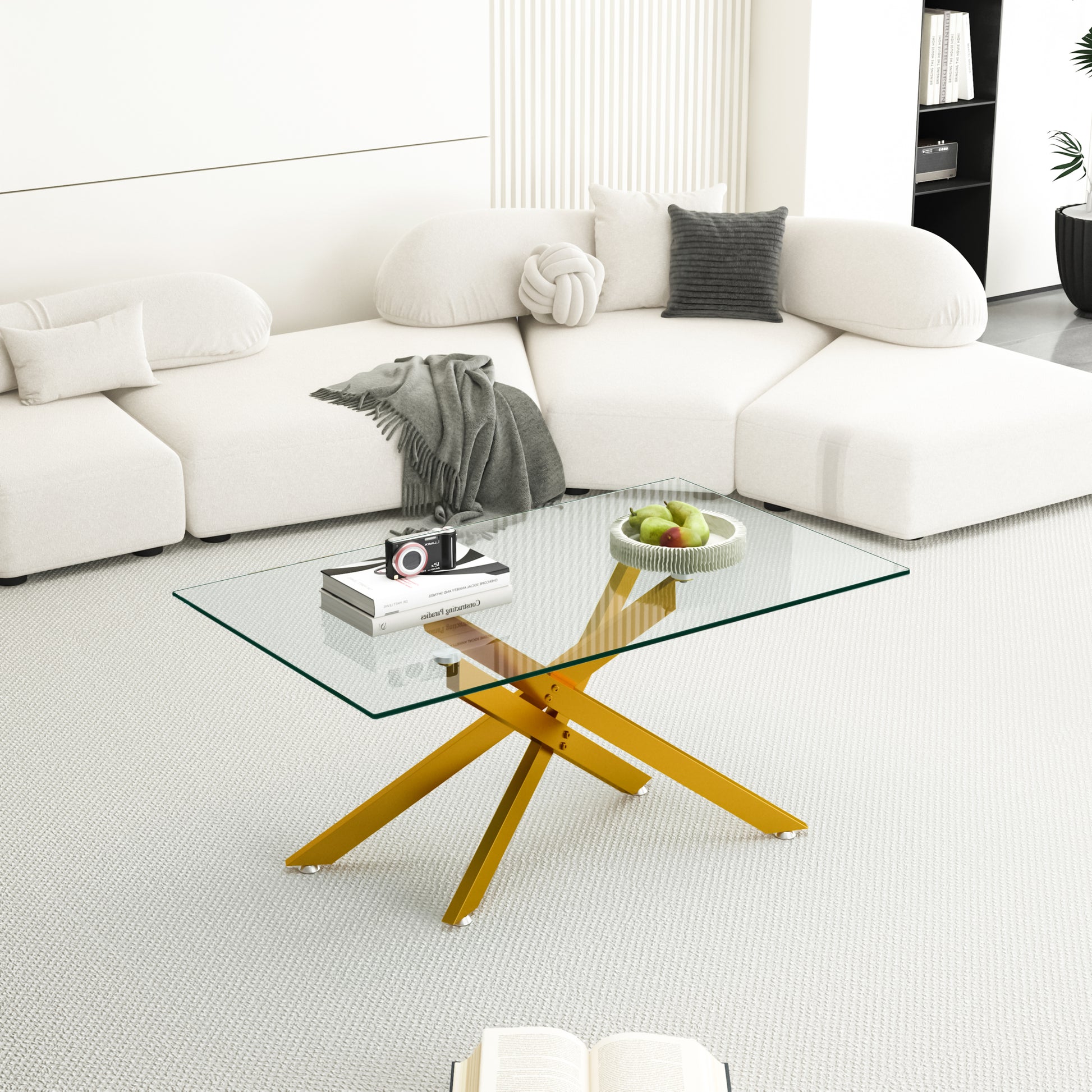 39.37" Rectangular Clear Tempered Glass Coffee Table,Stylish Design with Golden Metal Legs, Coffee Table for Living Room image 1