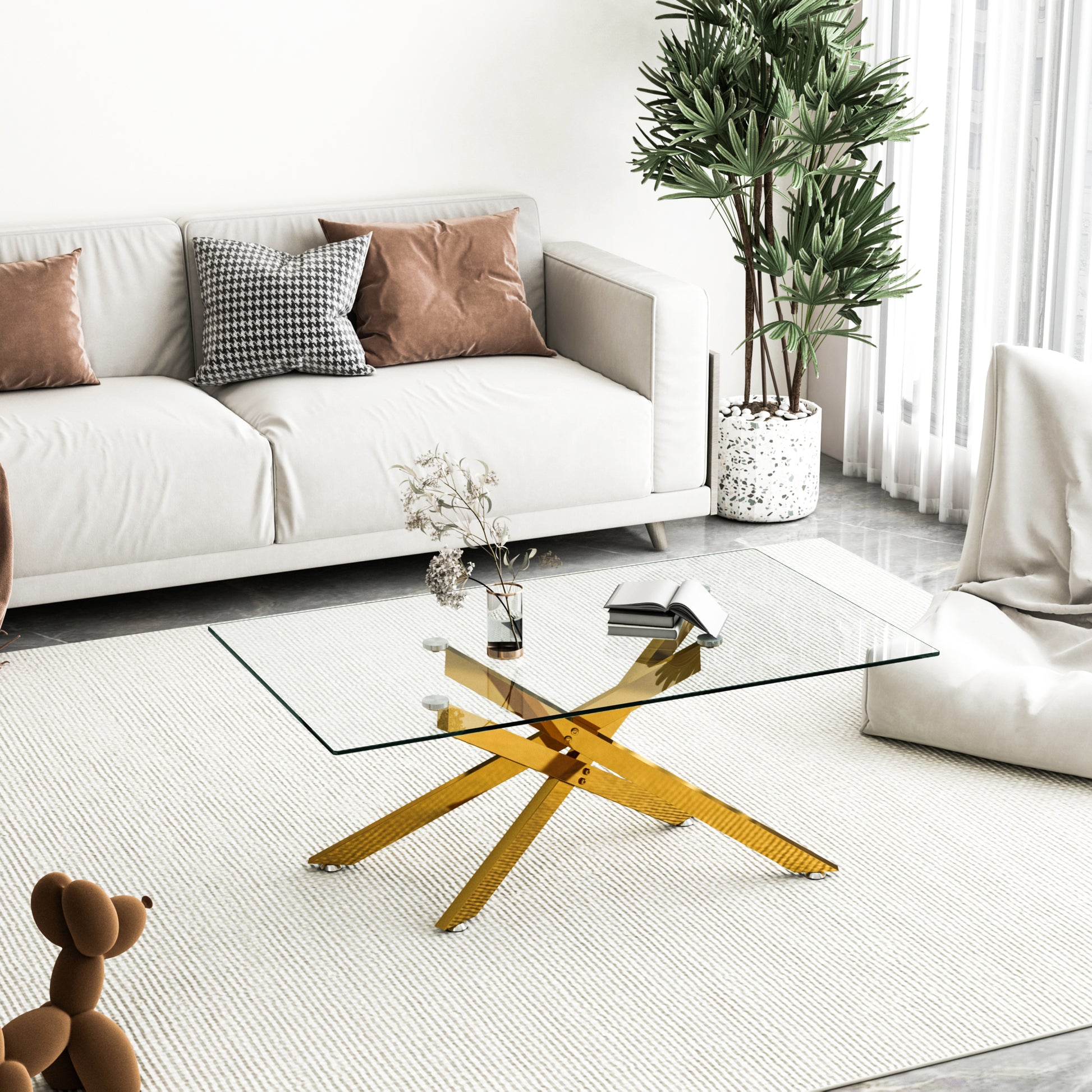 39.37" Rectangular Clear Tempered Glass Coffee Table,Stylish Design with Golden Metal Legs, Coffee Table for Living Room image 3