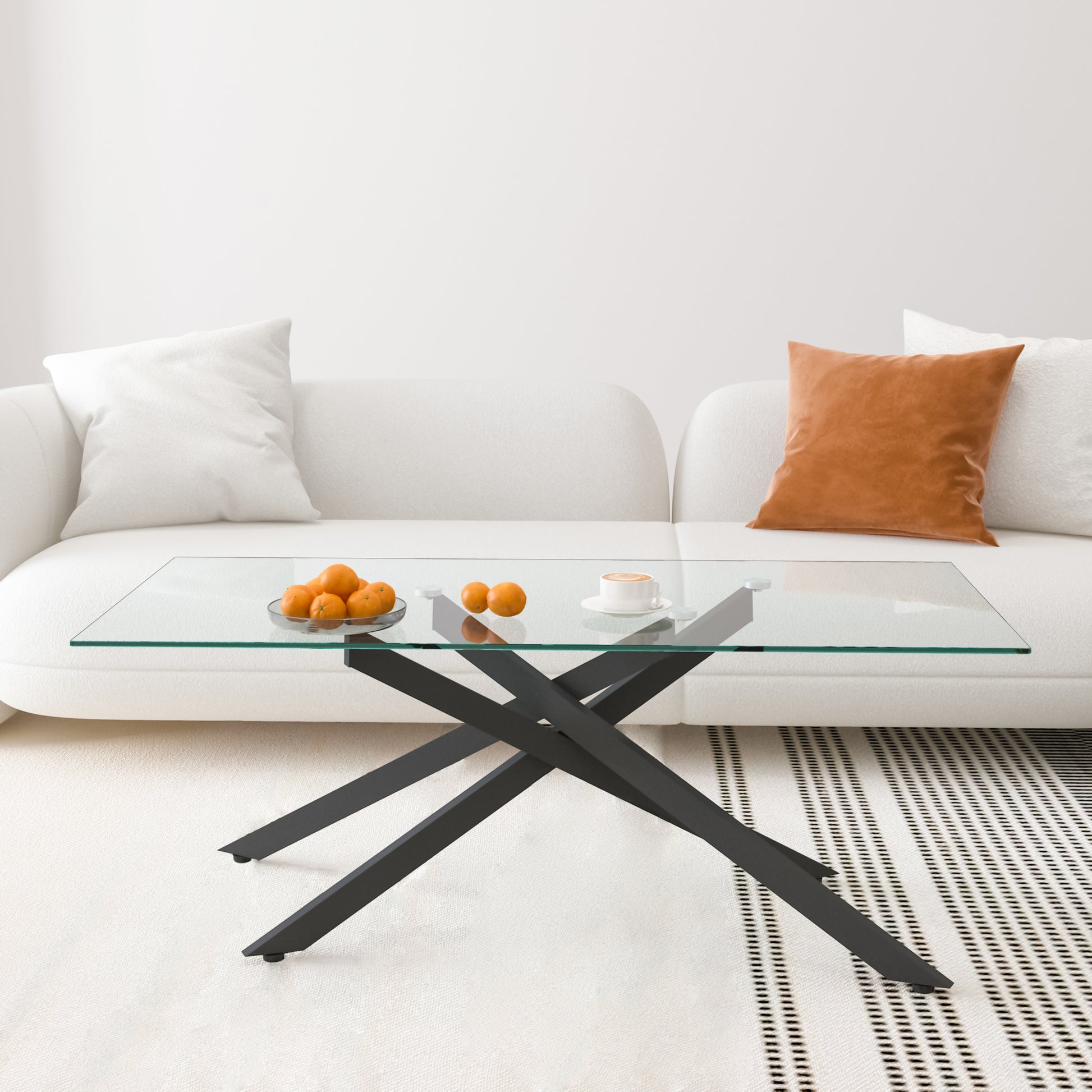 47.2" Rectangular Clear Tempered Glass Coffee Table,Stylish Design with Black Metal Legs, Coffee Table for Living Room image 2