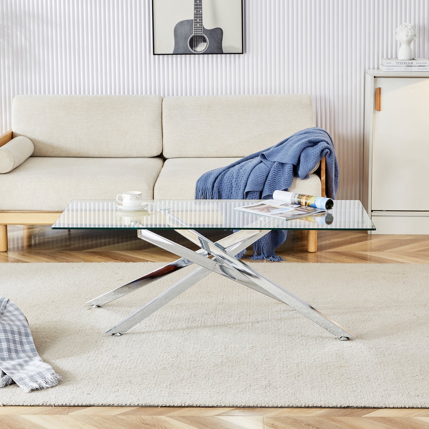 47.2" Rectangular Clear Tempered Glass Coffee Table,Stylish Design with Silver Chrome Plated Metal Legs, Coffee Table for Living Room image 2