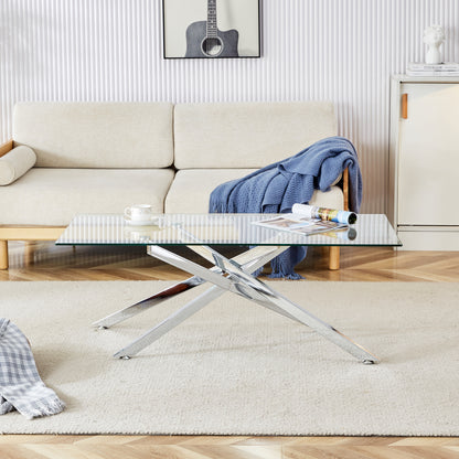 47.2" Rectangular Clear Tempered Glass Coffee Table,Stylish Design with Silver Chrome Plated Metal Legs, Coffee Table for Living Room image 2