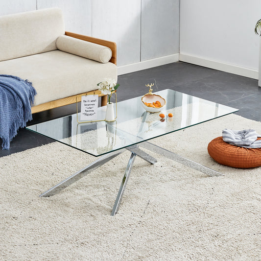 39.37" Rectangular Clear Tempered Glass Coffee Table with Silver Chrome Legs - Front View