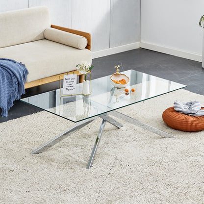 Rectangular Clear Tempered Glass Coffee Table with Silver Chrome Legs - Front View