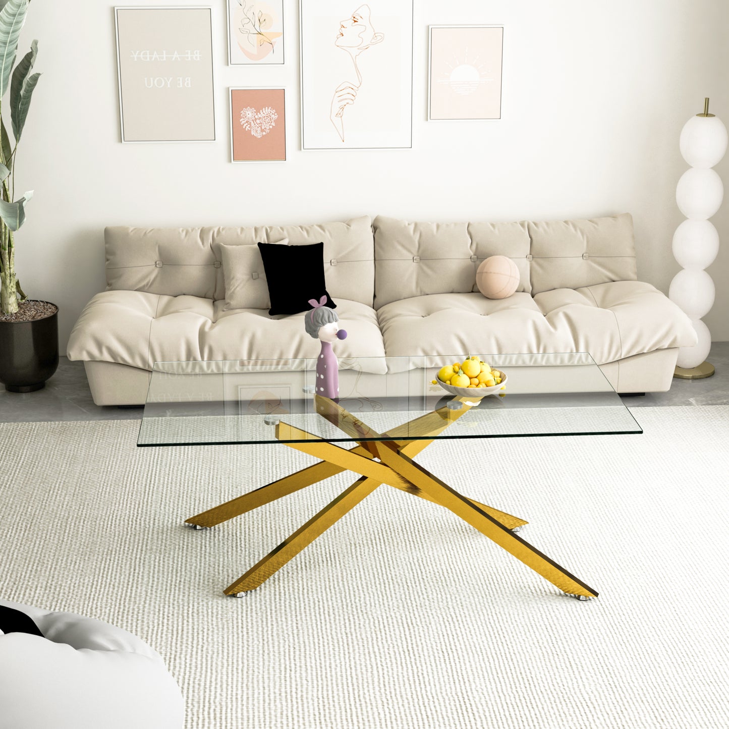 47.2" Rectangular Clear Tempered Glass Coffee Table,Stylish Design with Golden Metal Legs, Coffee Table for Living Room image 2