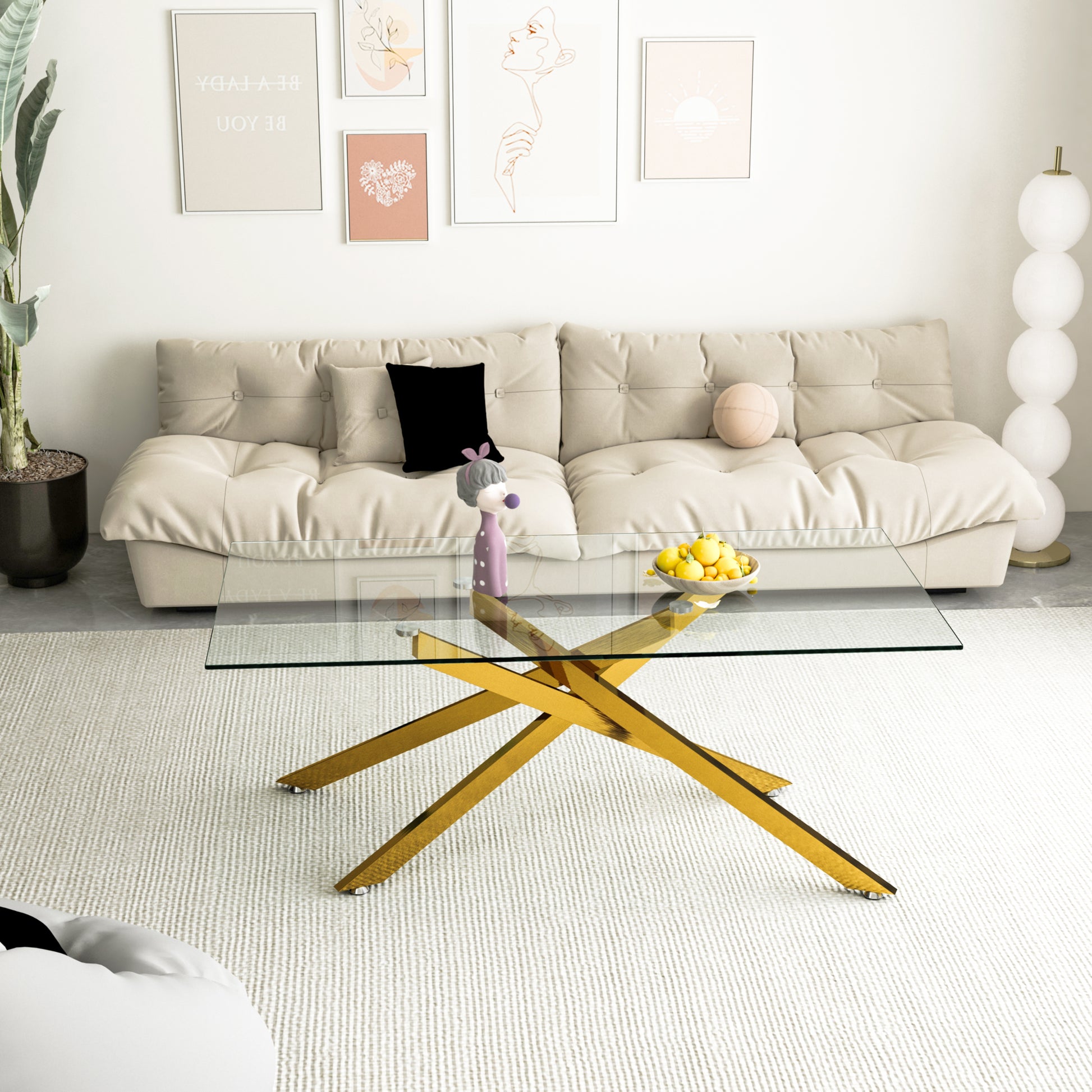 47.2" Rectangular Clear Tempered Glass Coffee Table,Stylish Design with Golden Metal Legs, Coffee Table for Living Room image 2