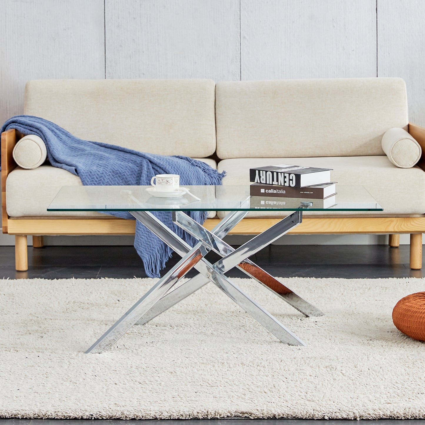 Clear Glass Coffee Table with Silver Metal Legs - Angle View
