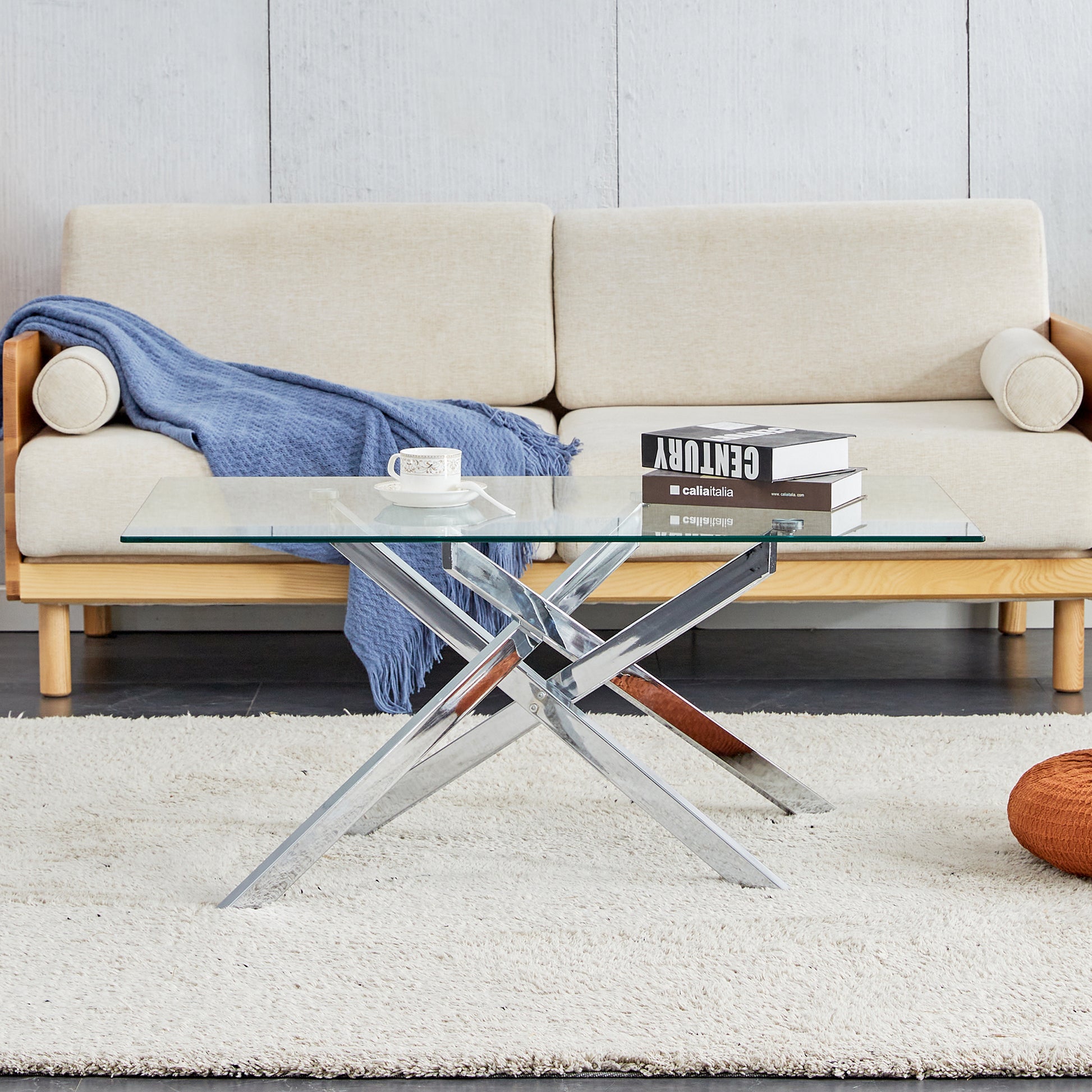Clear Glass Coffee Table with Silver Metal Legs - Angle View