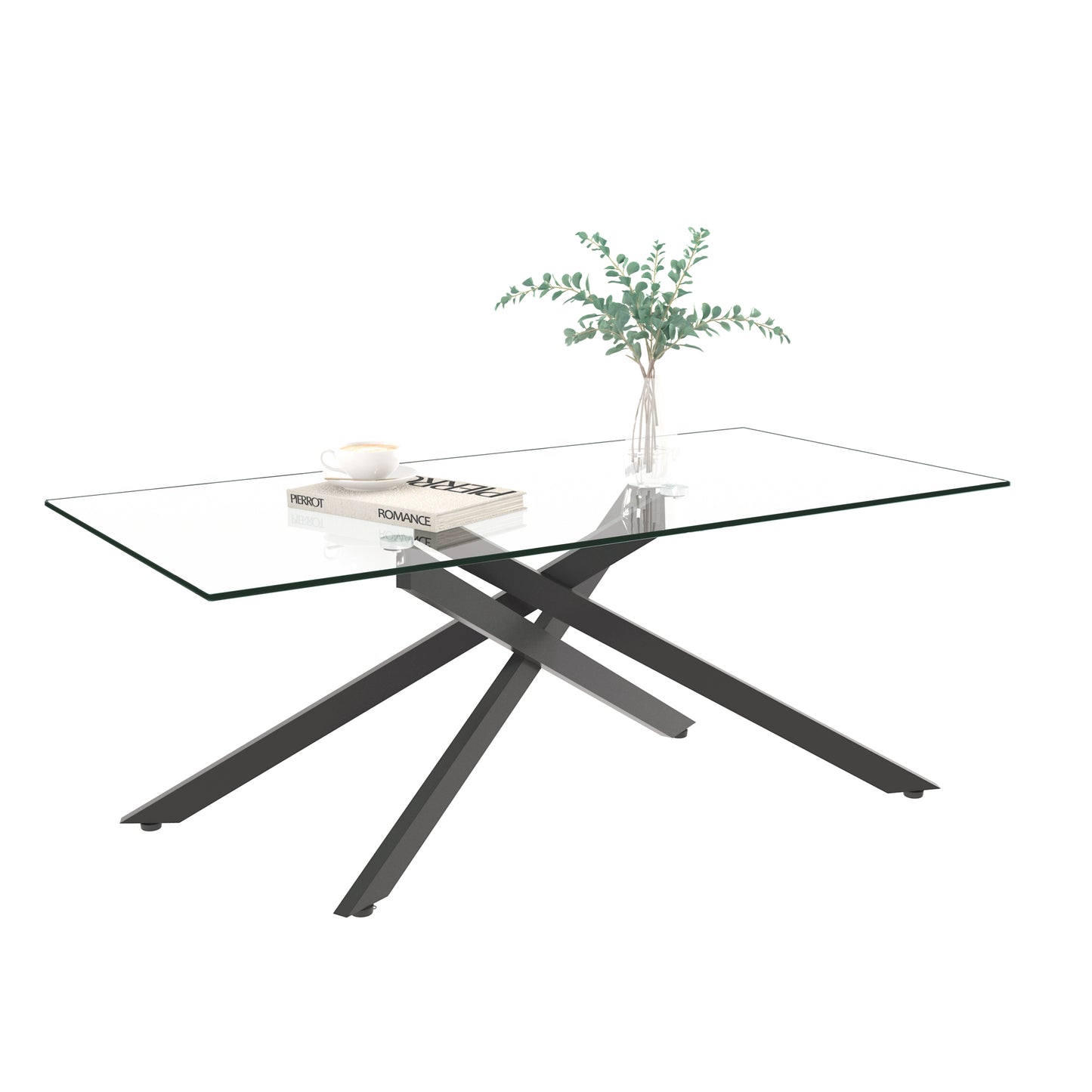47.2" Rectangular Clear Tempered Glass Coffee Table,Stylish Design with Black Metal Legs, Coffee Table for Living Room image 5