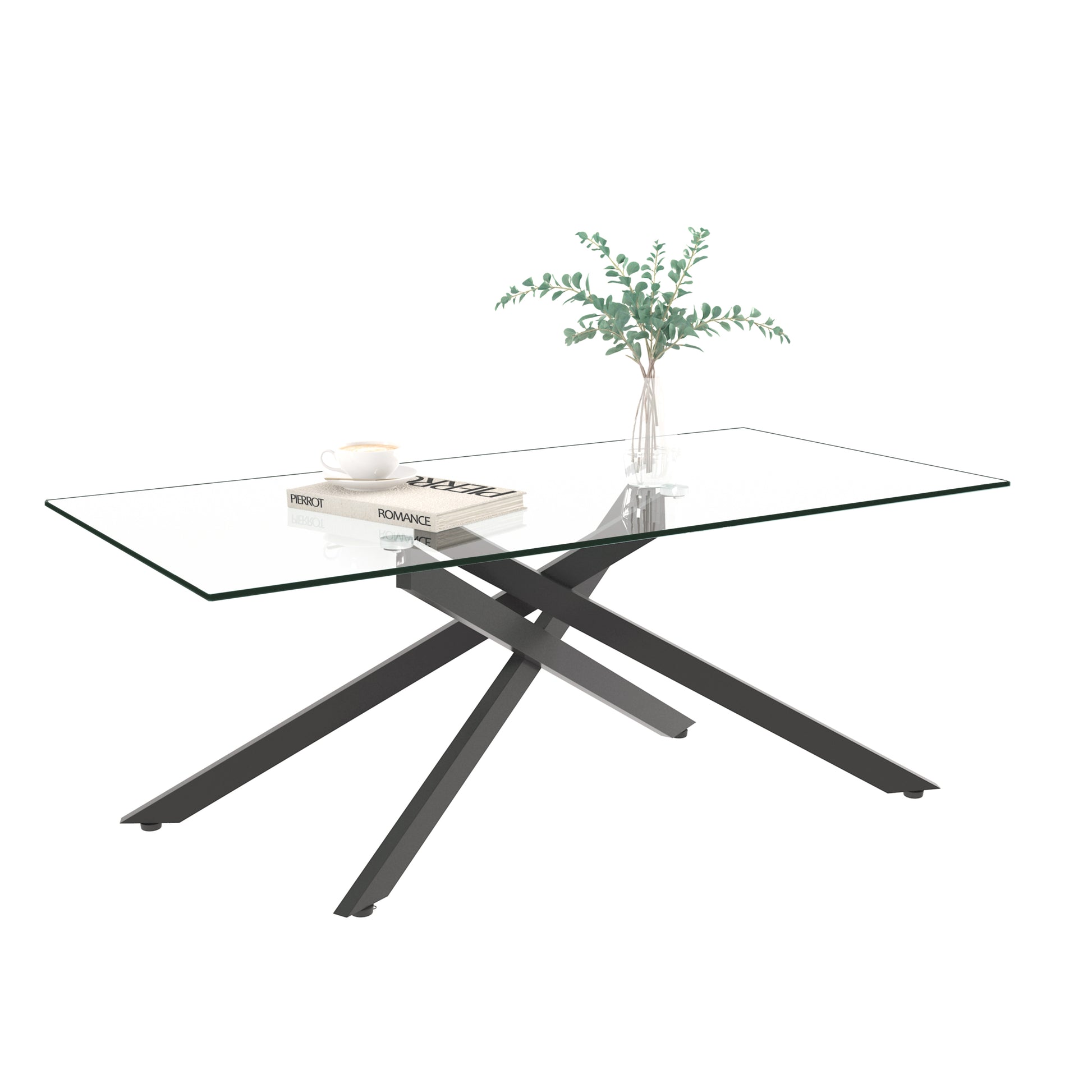 47.2" Rectangular Clear Tempered Glass Coffee Table,Stylish Design with Black Metal Legs, Coffee Table for Living Room image 5