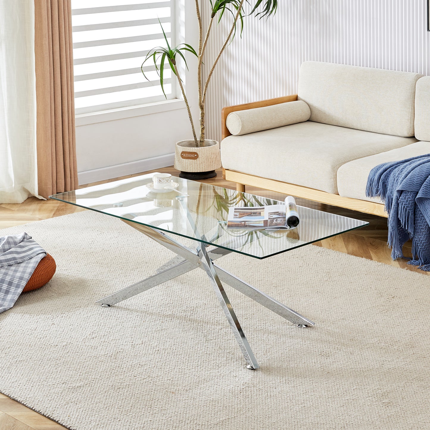 47.2" Rectangular Clear Tempered Glass Coffee Table,Stylish Design with Silver Chrome Plated Metal Legs, Coffee Table for Living Room image 1