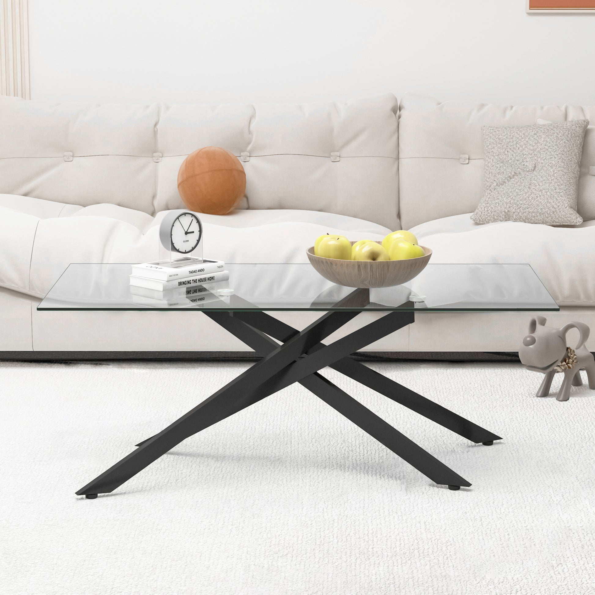 47.2" Rectangular Clear Tempered Glass Coffee Table,Stylish Design with Black Metal Legs, Coffee Table for Living Room image 1