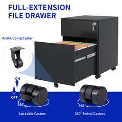 2 Drawer Mobile File Cabinet with Lock - Stylish Steel Storage