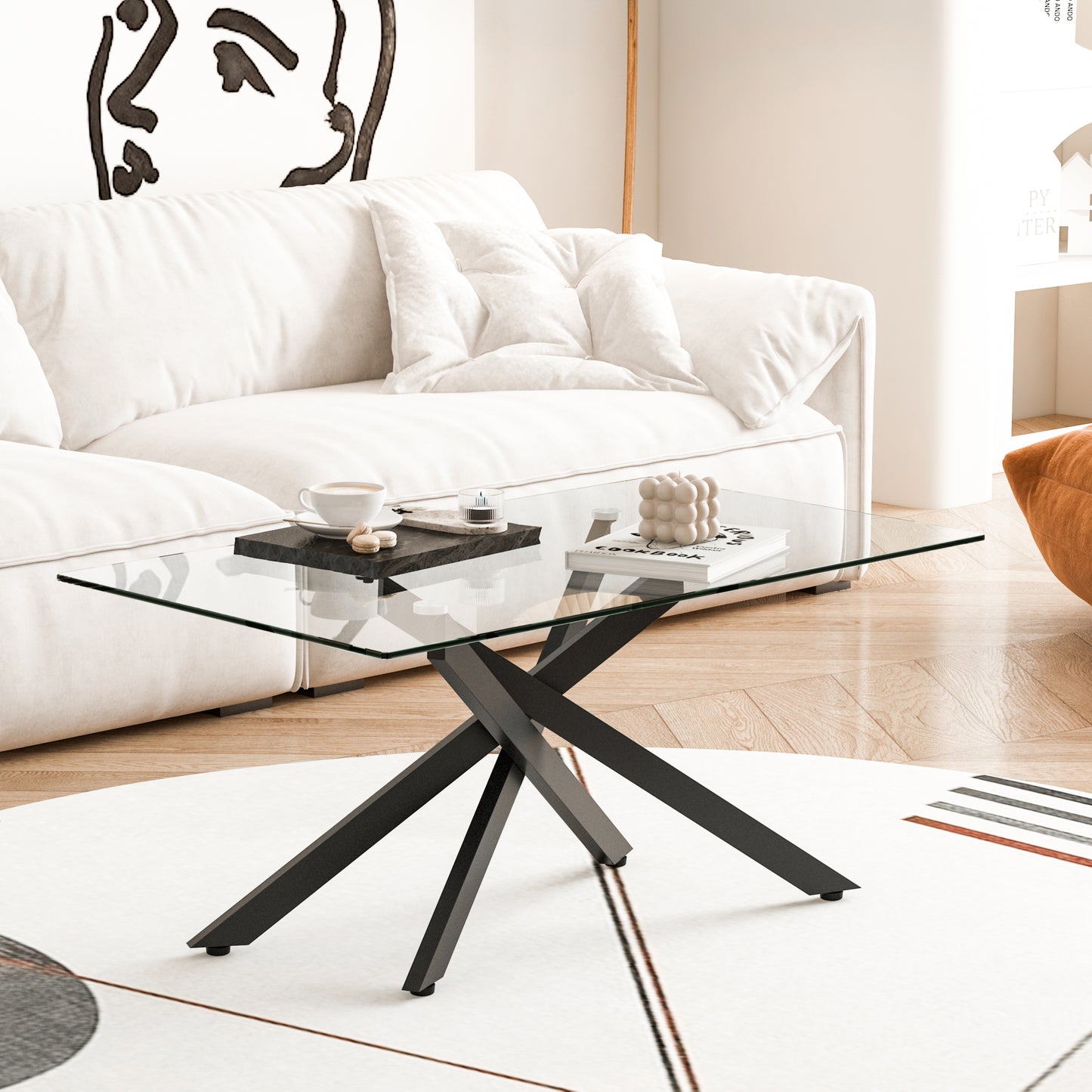 39.37" Rectangular Clear Tempered Glass Coffee Table,Stylish Design with Black Metal Legs, Coffee Table for Living Room image 2
