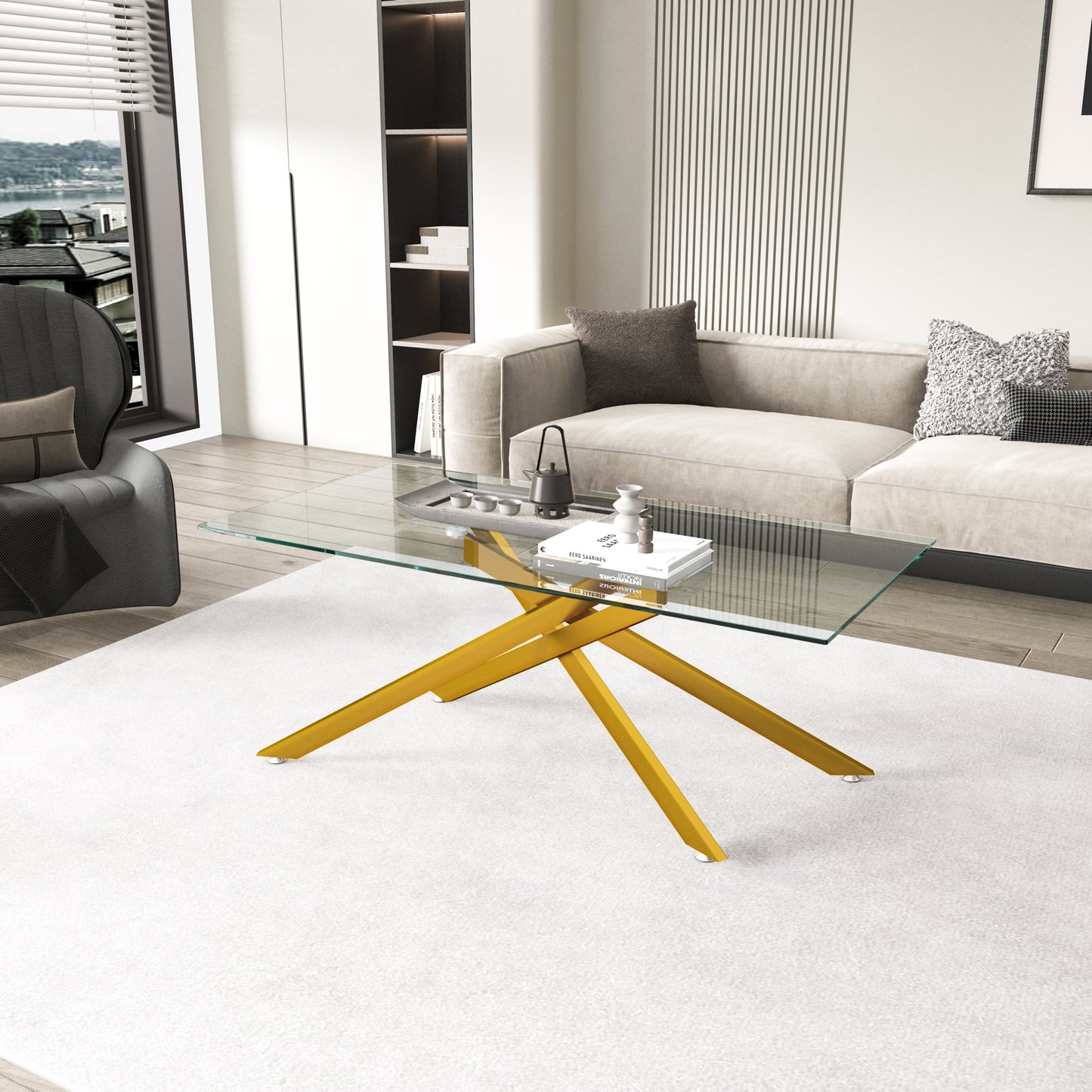 47.2" Rectangular Clear Tempered Glass Coffee Table,Stylish Design with Golden Metal Legs, Coffee Table for Living Room image 3