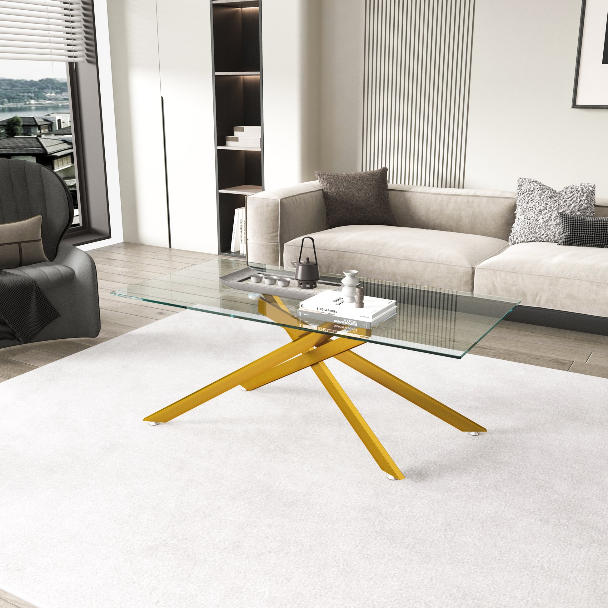 47.2" Rectangular Clear Tempered Glass Coffee Table,Stylish Design with Golden Metal Legs, Coffee Table for Living Room image 3