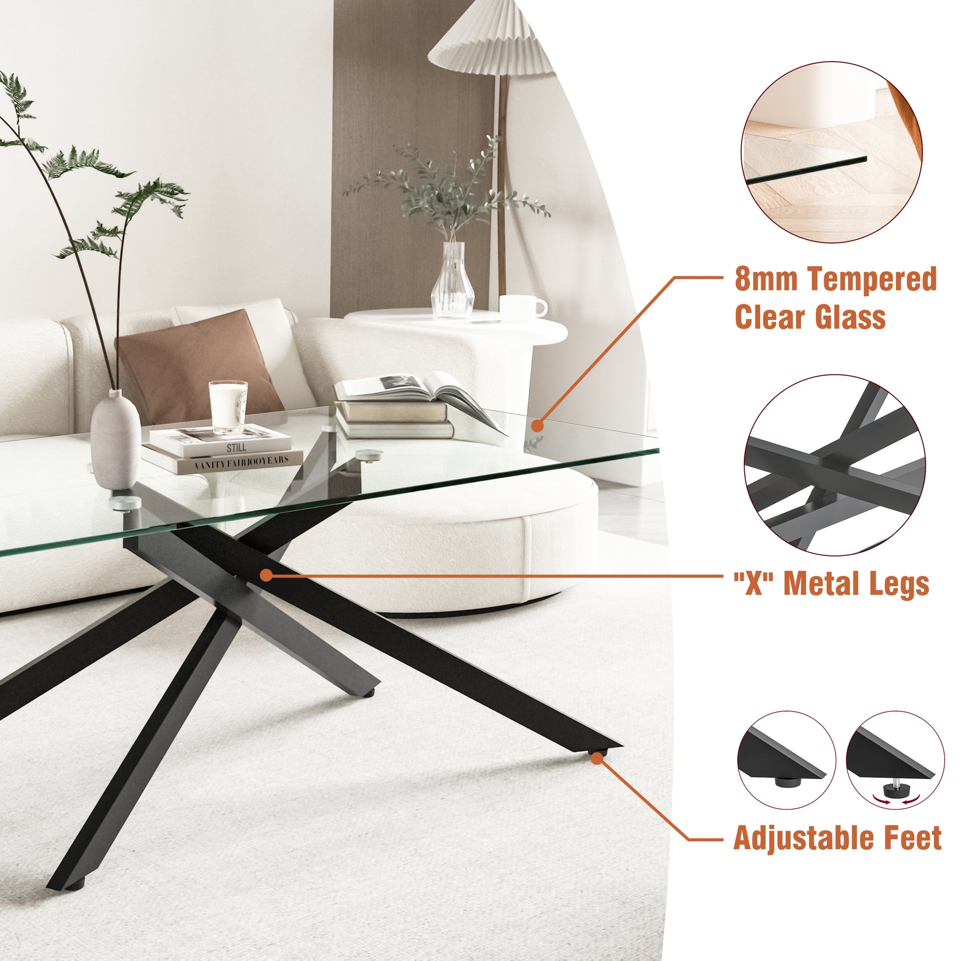 47.2" Rectangular Clear Tempered Glass Coffee Table,Stylish Design with Black Metal Legs, Coffee Table for Living Room image 4