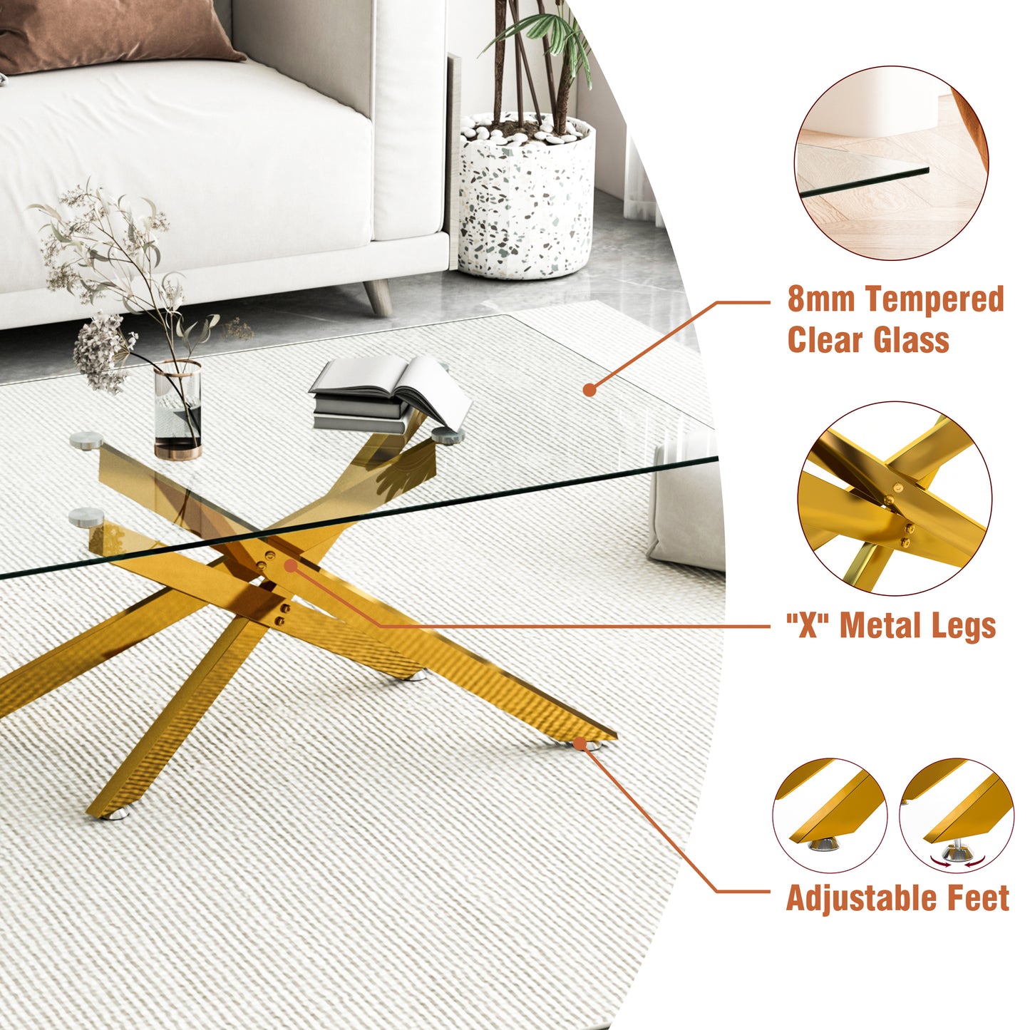 39.37" Rectangular Clear Tempered Glass Coffee Table,Stylish Design with Golden Metal Legs, Coffee Table for Living Room image 4