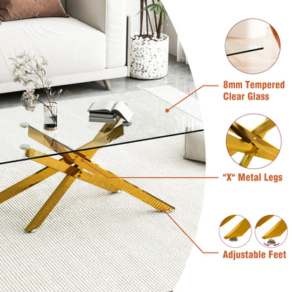 39.37" Rectangular Clear Tempered Glass Coffee Table,Stylish Design with Golden Metal Legs, Coffee Table for Living Room image 4
