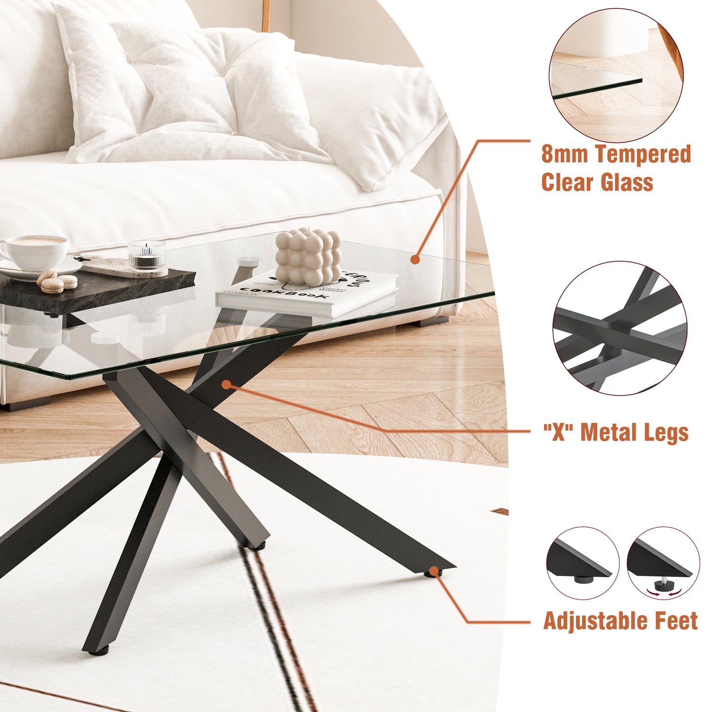 39.37" Rectangular Clear Tempered Glass Coffee Table,Stylish Design with Black Metal Legs, Coffee Table for Living Room image 4