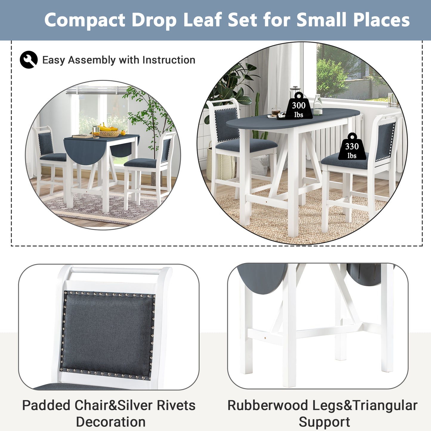 TOPMAX 3-Piece Wood Counter Height Drop Leaf Dining Table Set with 2 Upholstered Dining Chairs for Small Place, White image 10