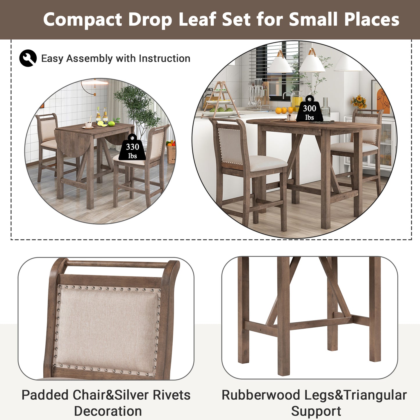 TOPMAX 3-Piece Wood Counter Height Drop Leaf Dining Table Set with 2 Upholstered Dining Chairs for Small Place, Brown image 10