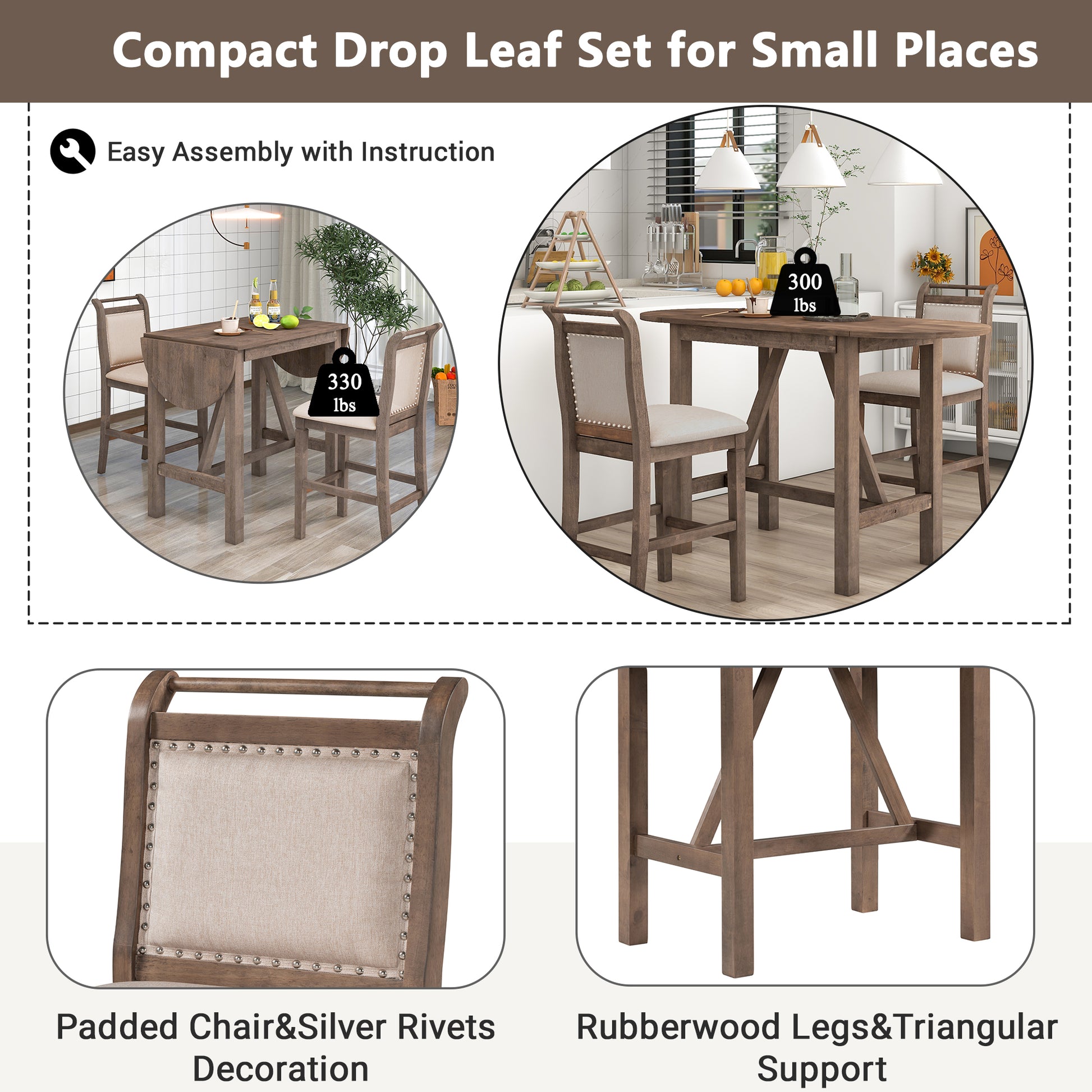 TOPMAX 3-Piece Wood Counter Height Drop Leaf Dining Table Set with 2 Upholstered Dining Chairs for Small Place, Brown image 10