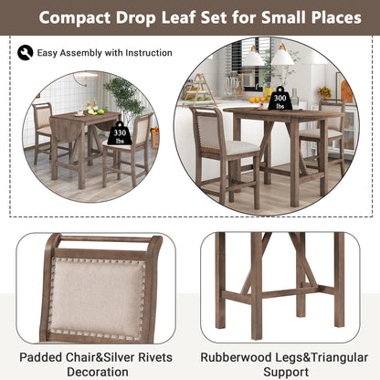 TOPMAX 3-Piece Wood Counter Height Drop Leaf Dining Table Set with 2 Upholstered Dining Chairs for Small Place, Brown image 10