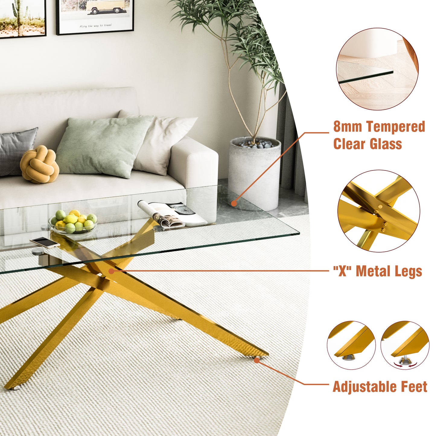 47.2" Rectangular Clear Tempered Glass Coffee Table,Stylish Design with Golden Metal Legs, Coffee Table for Living Room image 4