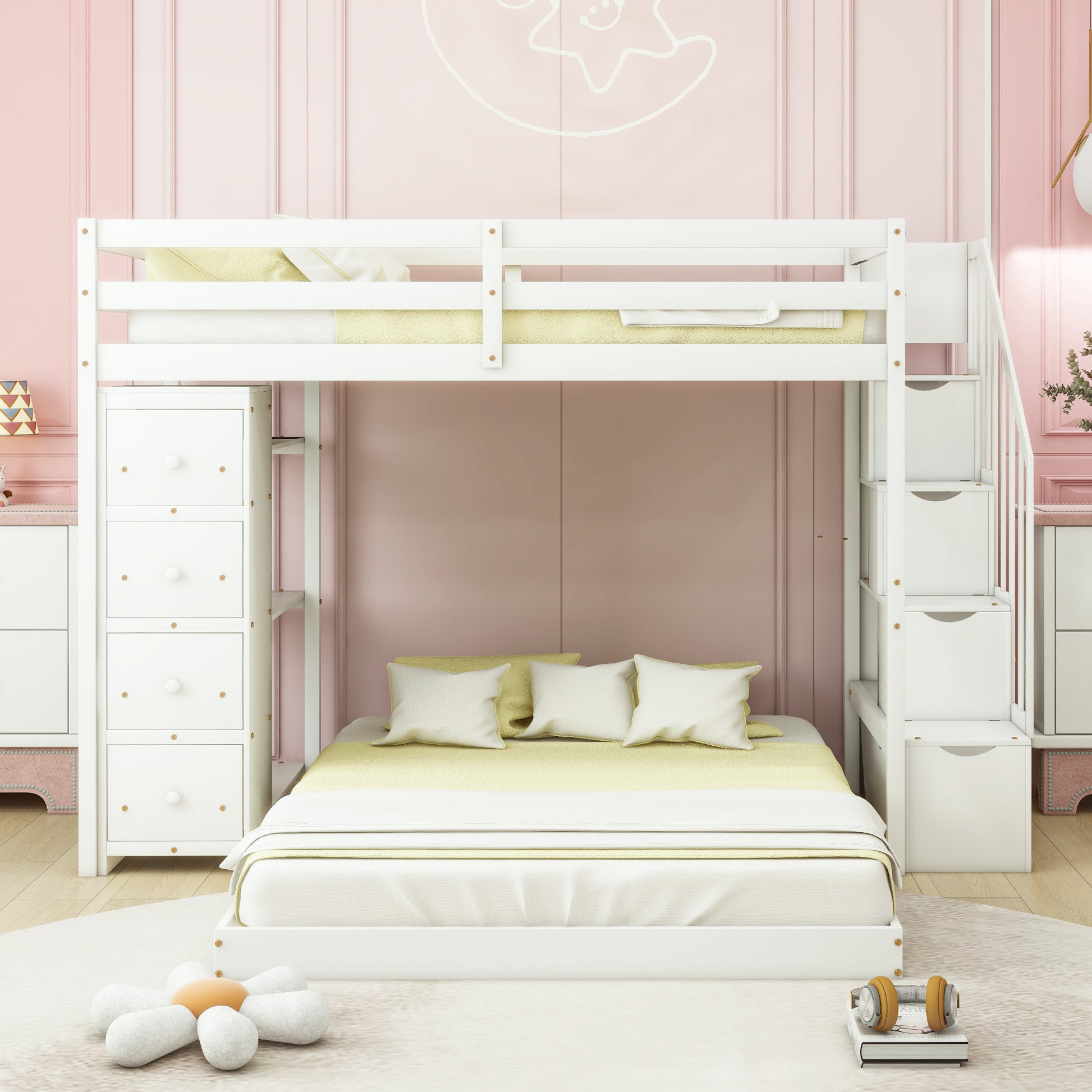 Twin Over Full Bunk Bed with 3-layer Shelves, Drawers and Storage Stairs, White image 2
