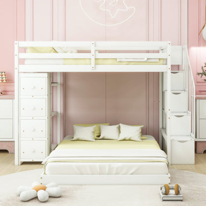 Twin Over Full Bunk Bed with 3-layer Shelves, Drawers and Storage Stairs, White image 2