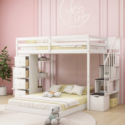 Twin Over Full Bunk Bed with 3-layer Shelves, Drawers and Storage Stairs, White image 1