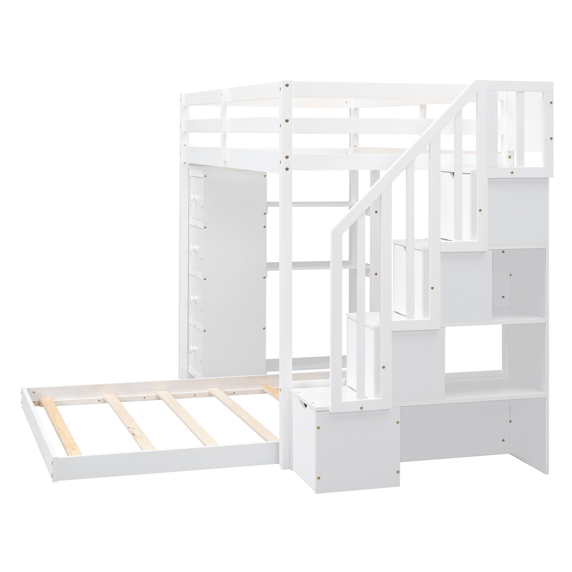Twin Over Full Bunk Bed with 3-layer Shelves, Drawers and Storage Stairs, White image 7