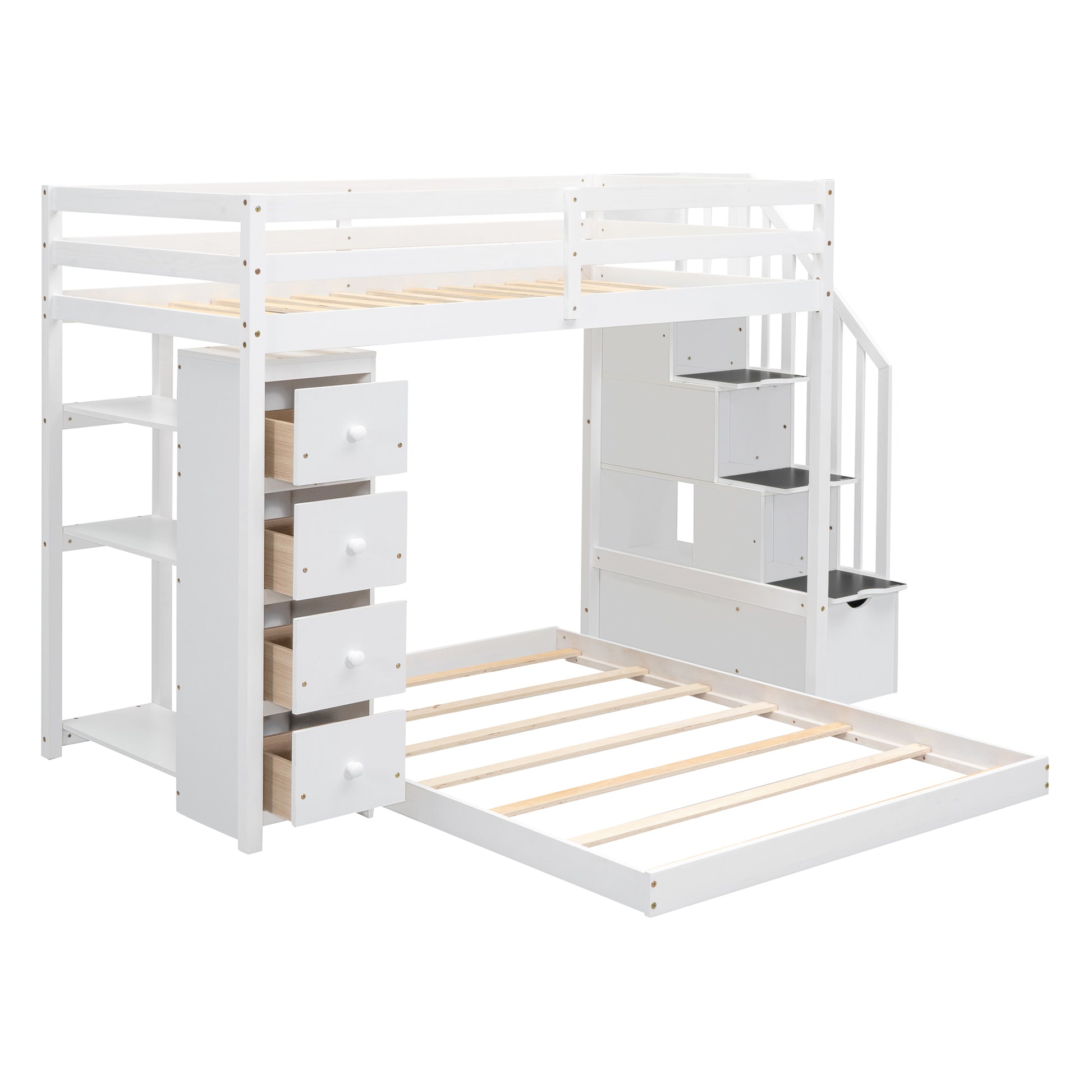 Twin Over Full Bunk Bed with 3-layer Shelves, Drawers and Storage Stairs, White image 4