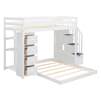 Twin Over Full Bunk Bed with 3-layer Shelves, Drawers and Storage Stairs, White image 4