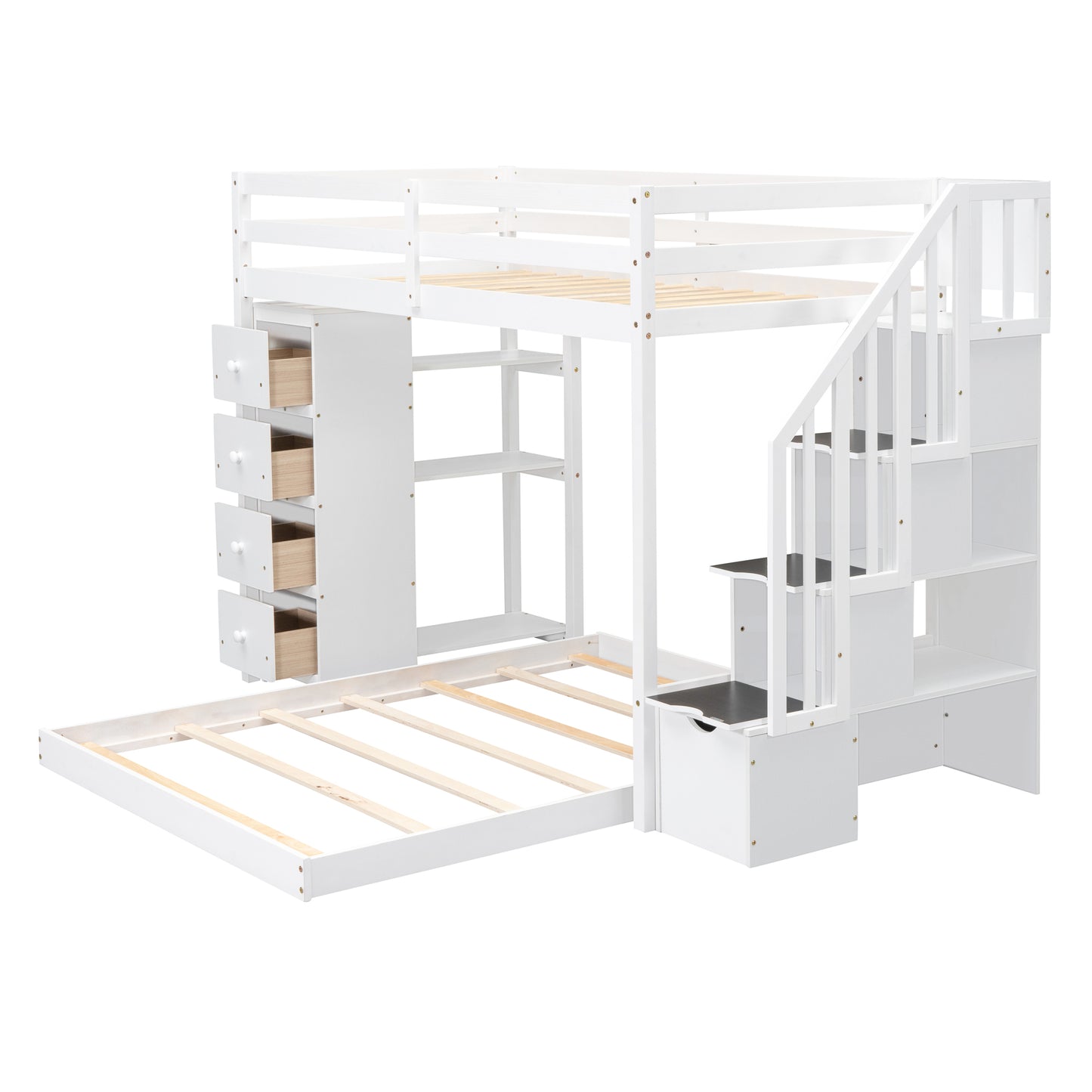 Twin Over Full Bunk Bed with 3-layer Shelves, Drawers and Storage Stairs, White image 11