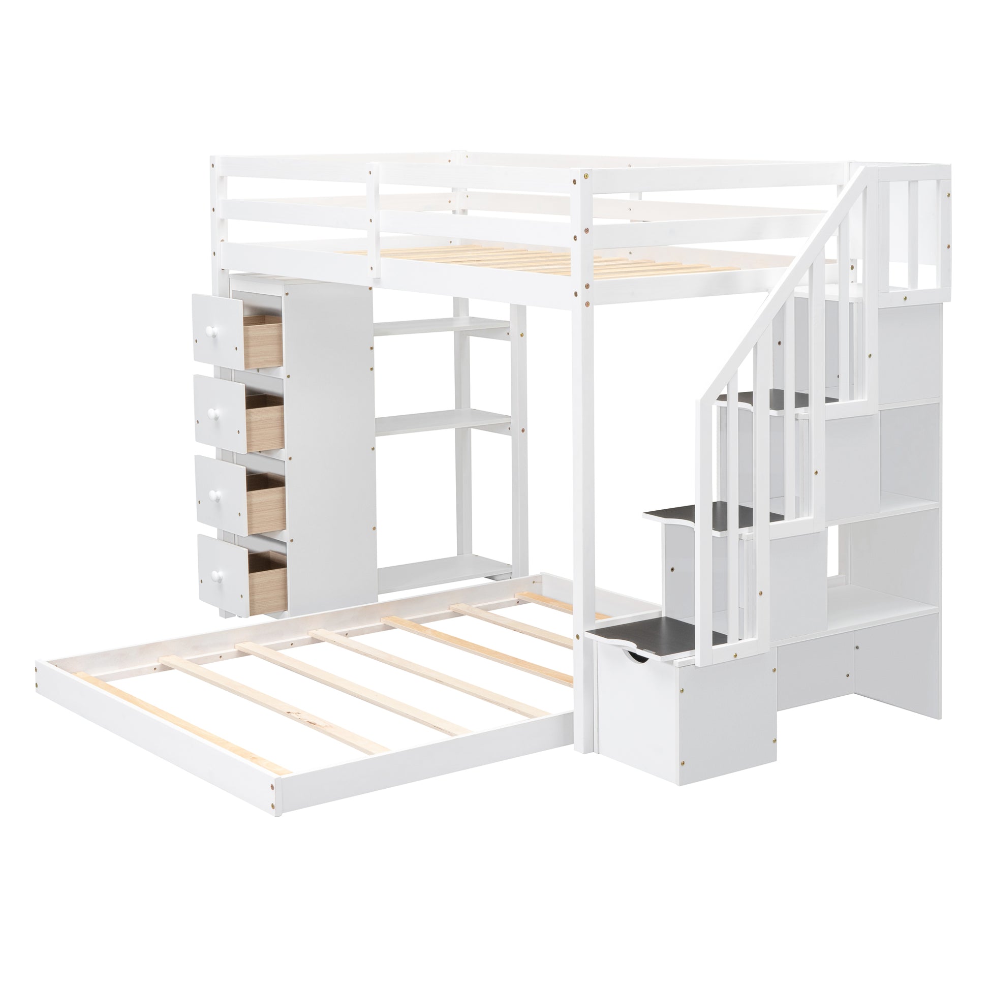 Twin Over Full Bunk Bed with 3-layer Shelves, Drawers and Storage Stairs, White image 11
