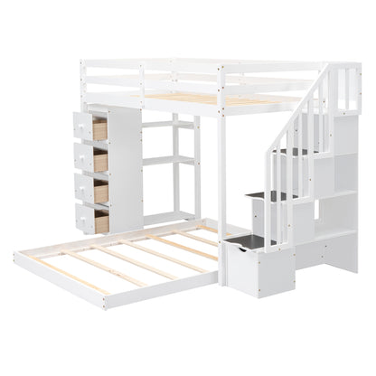 Twin Over Full Bunk Bed with 3-layer Shelves, Drawers and Storage Stairs, White image 11