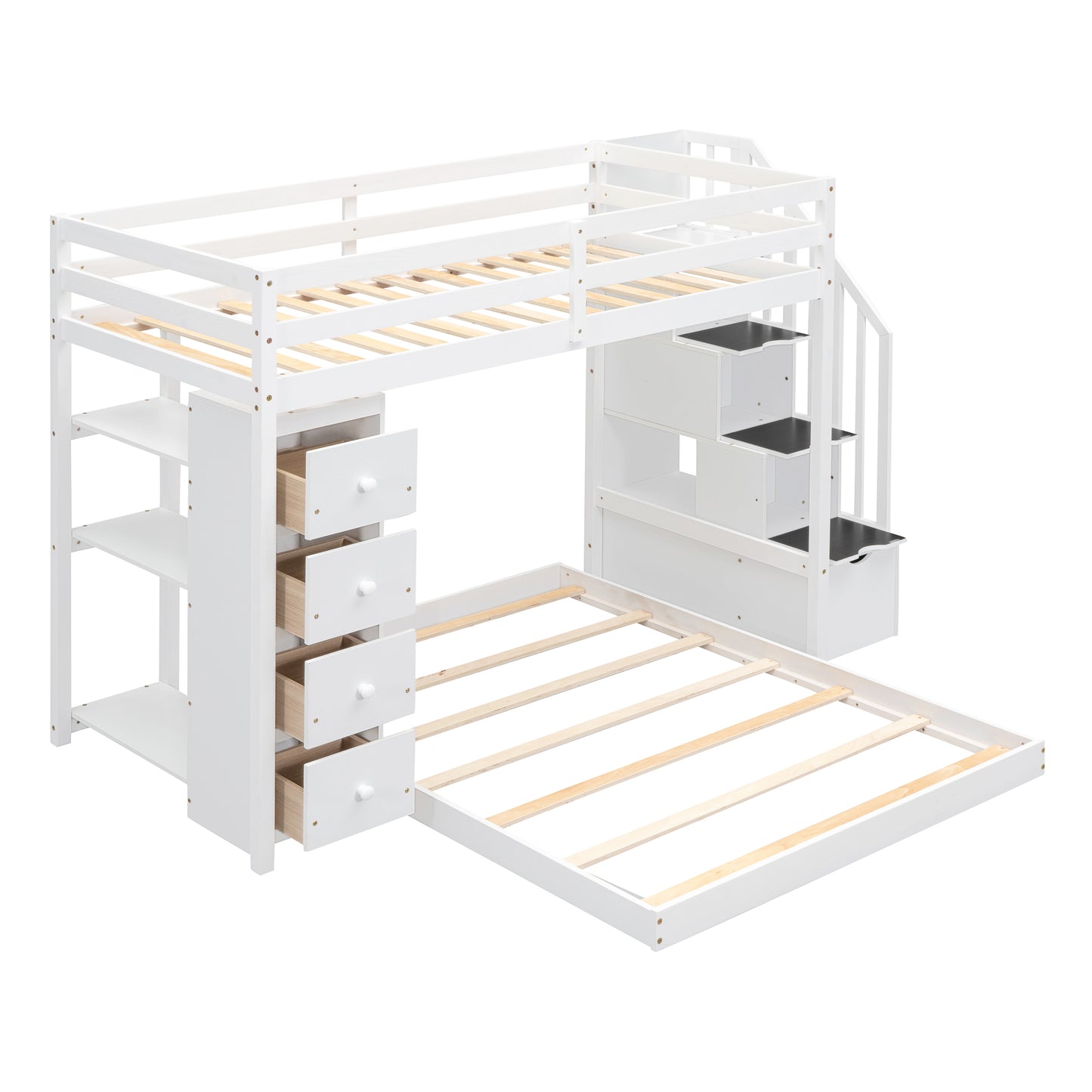 Twin Over Full Bunk Bed with 3-layer Shelves, Drawers and Storage Stairs, White image 9