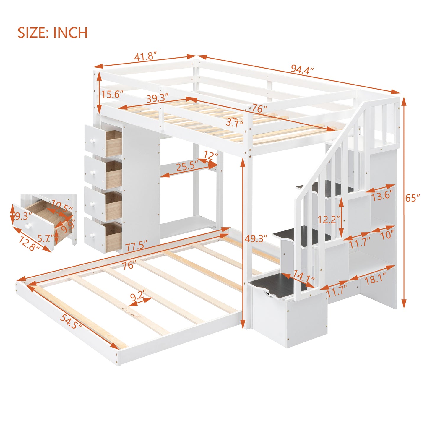 Twin Over Full Bunk Bed with 3-layer Shelves, Drawers and Storage Stairs, White image 6