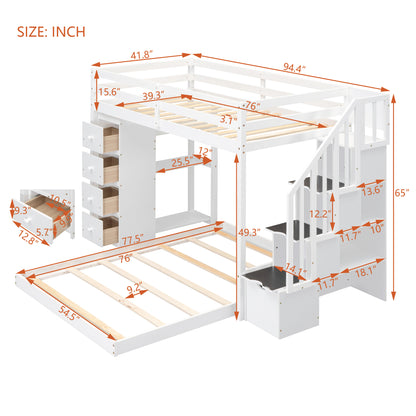 Twin Over Full Bunk Bed with 3-layer Shelves, Drawers and Storage Stairs, White image 6