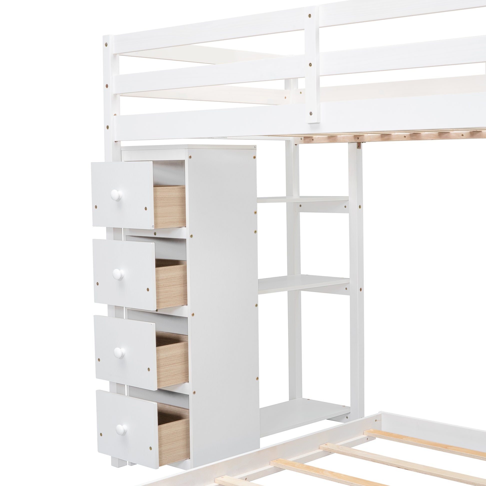 Twin Over Full Bunk Bed with 3-layer Shelves, Drawers and Storage Stairs, White image 12