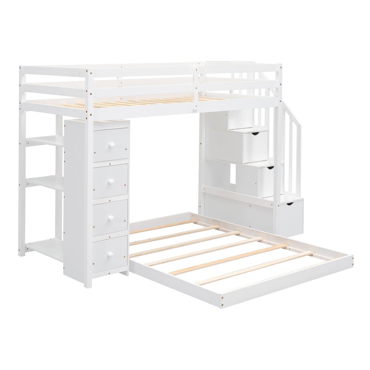 Twin Over Full Bunk Bed with 3-layer Shelves, Drawers and Storage Stairs, White image 5