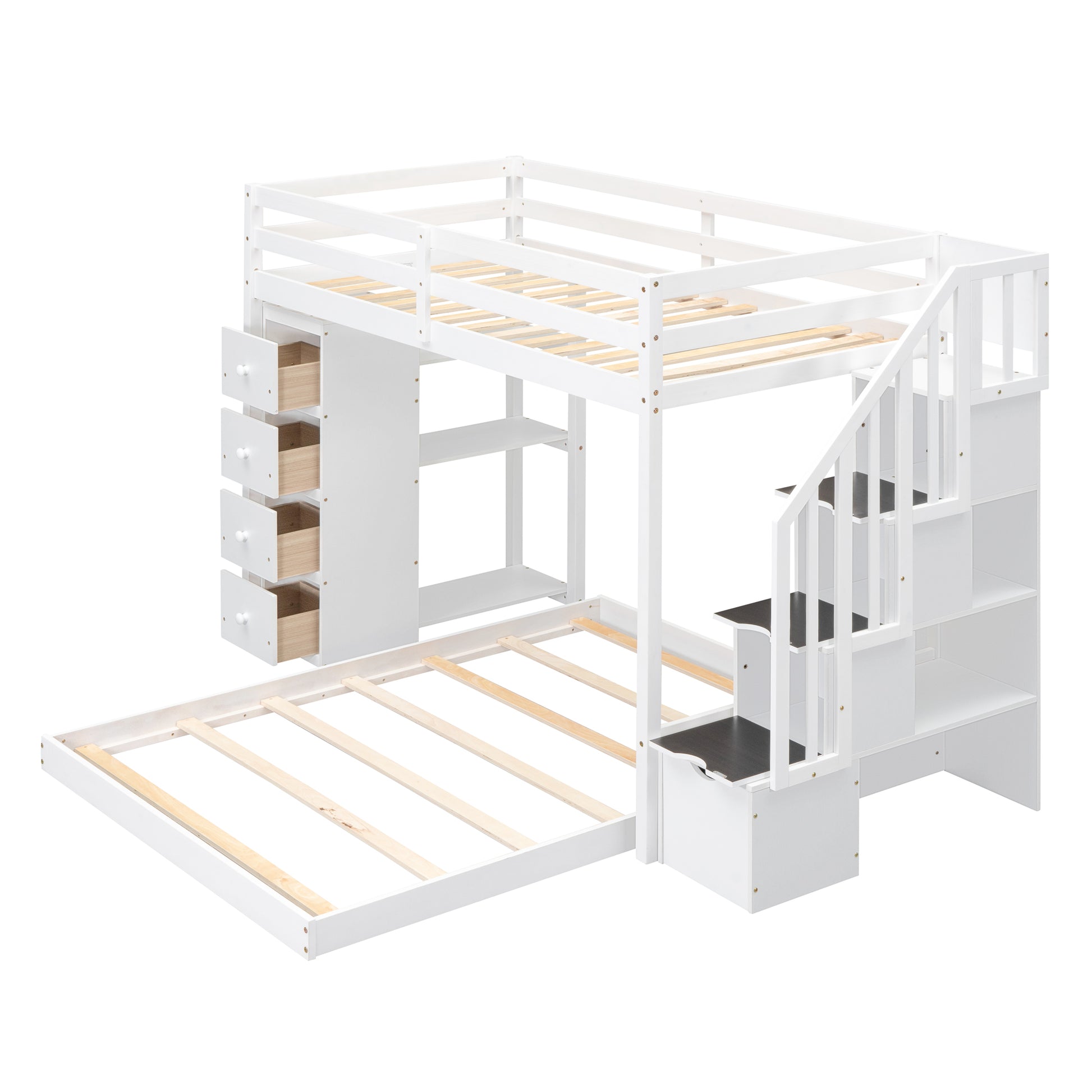 Twin Over Full Bunk Bed with 3-layer Shelves, Drawers and Storage Stairs, White image 10